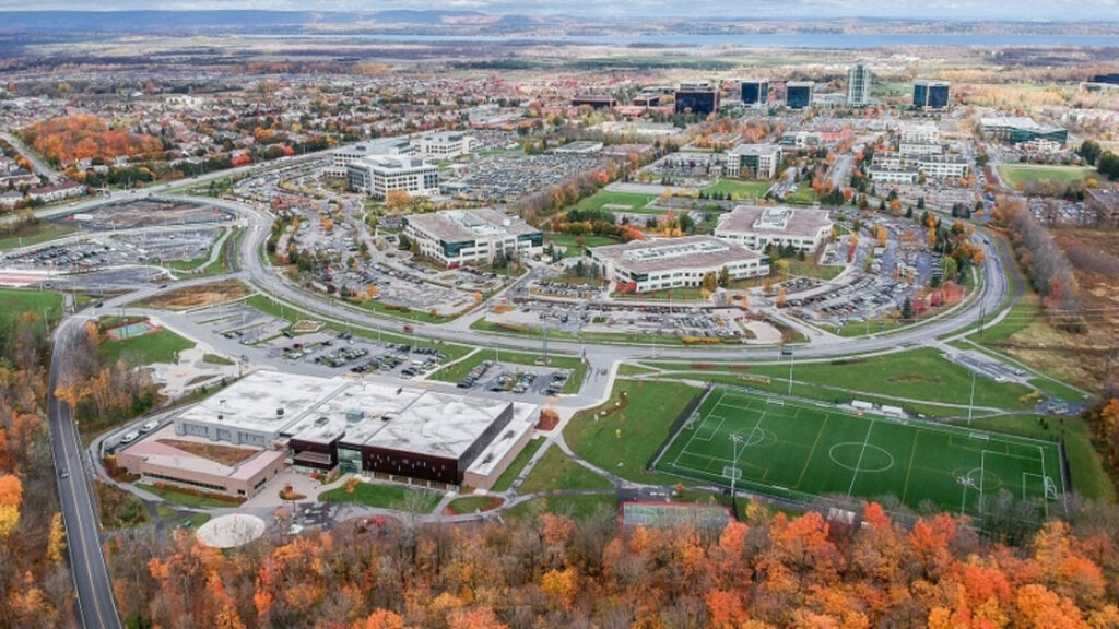 Drone image of the Kanata North Tech Park from above.
