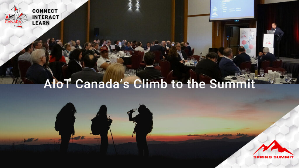 Promotional image: "AIoT Canada's Climb to the Summit" in white text with a photo of the Brookstreet Hotel's Newbridge Ballroom stuffed with attendees, above a stock photo of two sillhouettes at the summit of a mountain.