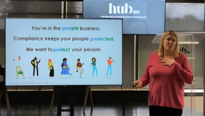 Rebecca Wormleighton addresses the audience at Hub350 on smart city pool compliance.