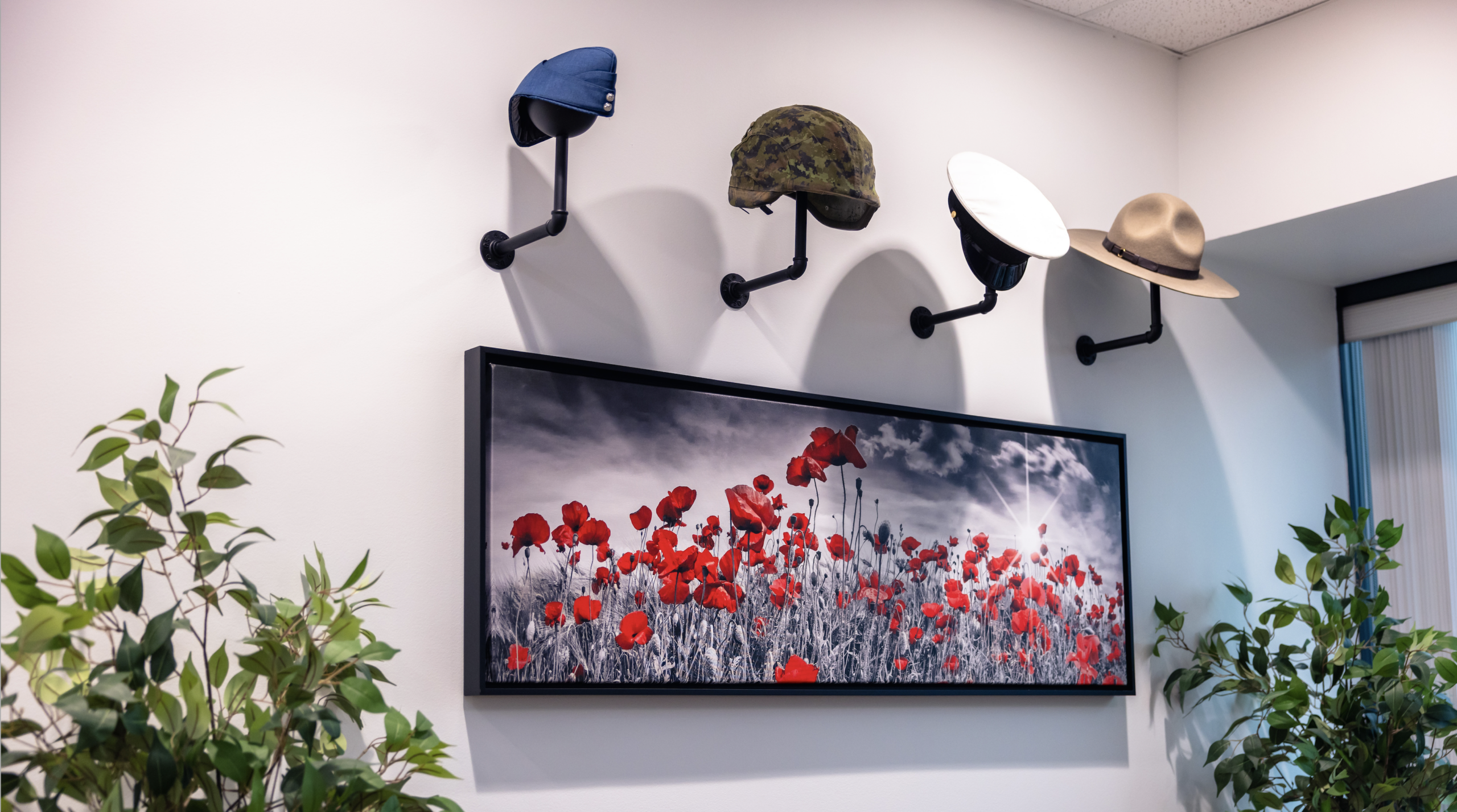 An assortment of Canadian military hats are displayed above a landscape of red poppies on a black and white background.