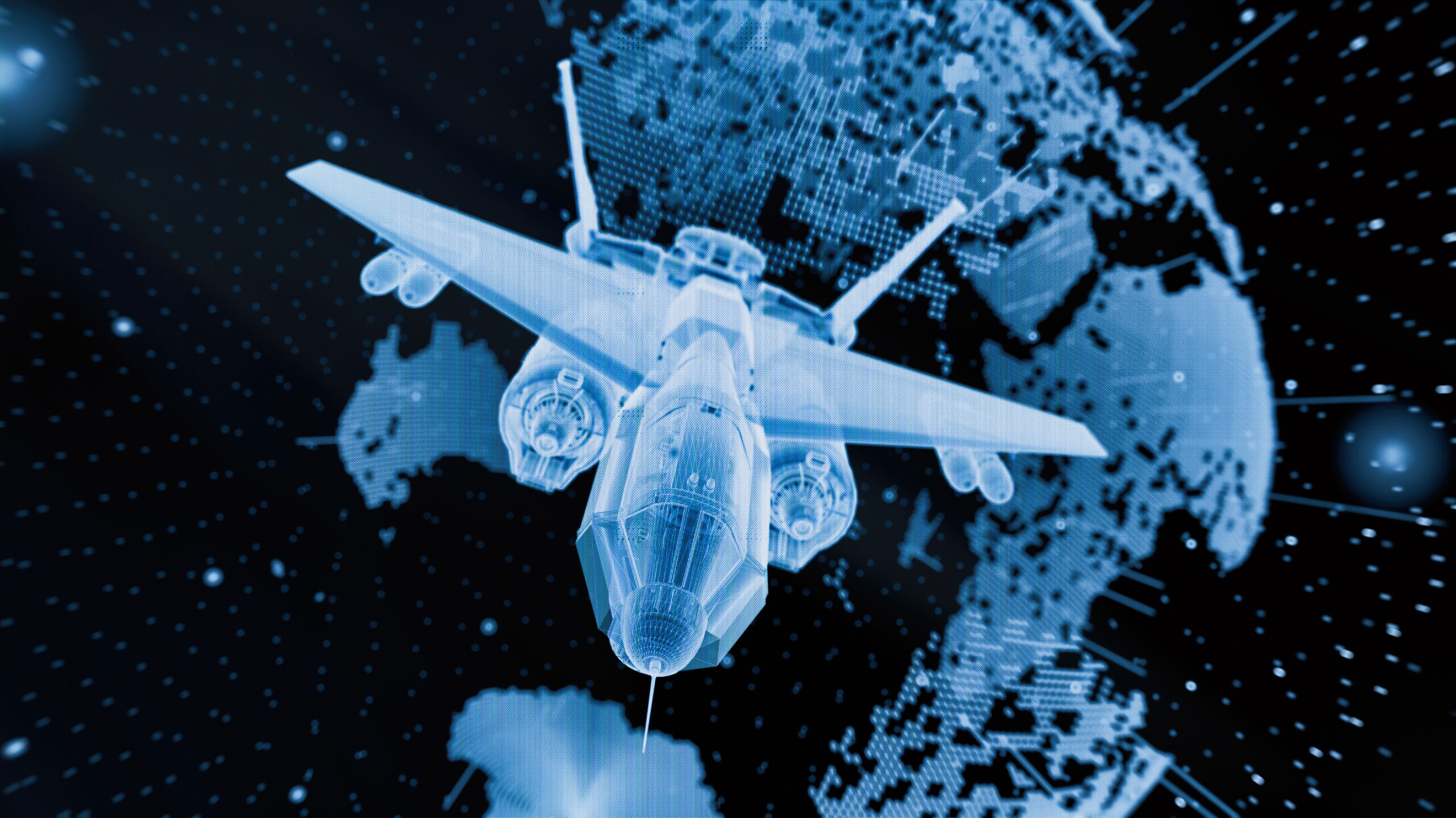 Abstract Military Drone Hologram - 3d rendered image of Unmanned Aerial Vehicle (UAV), also known as Unmanned Aircraft System (UAS). Digital display, HUD, FUI. Hologram view. Illustration of UAV remotely-operated. Aerial view. Military technology concept.