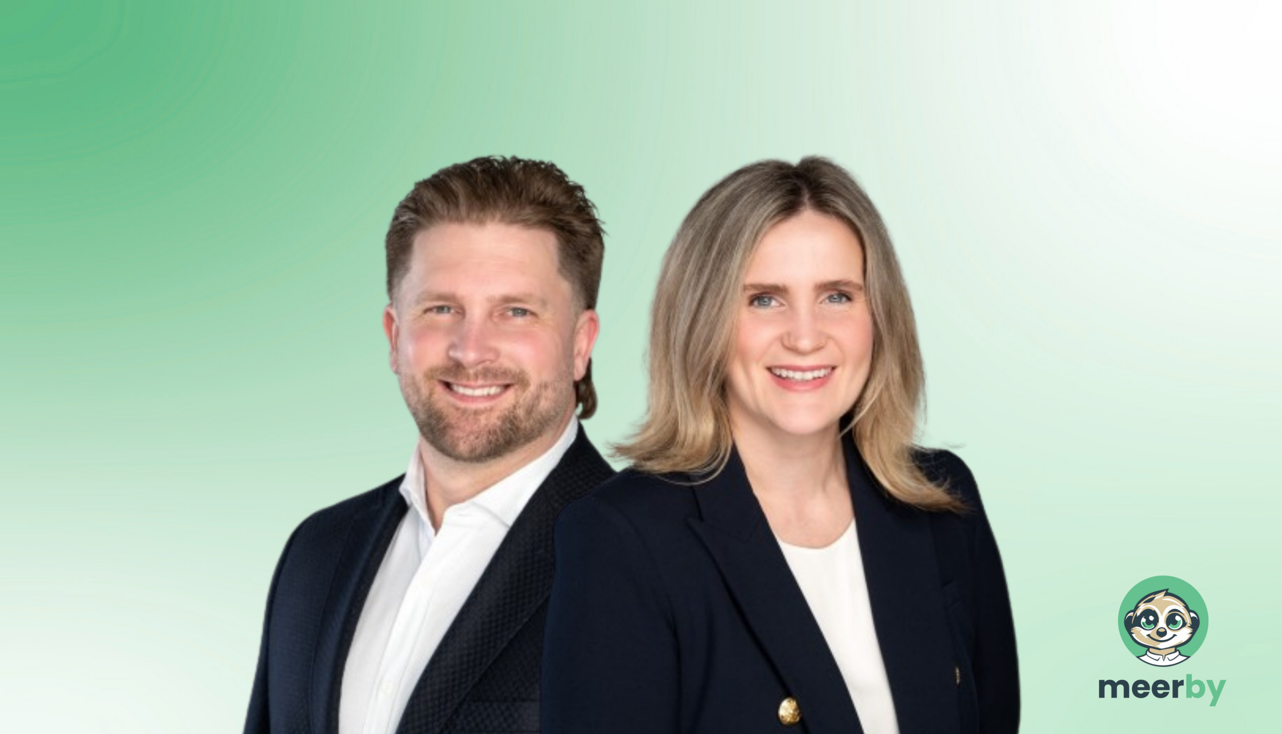 Allan and Liz Malcomson, co-founders of Meerby, pose smiling in front of a green background.