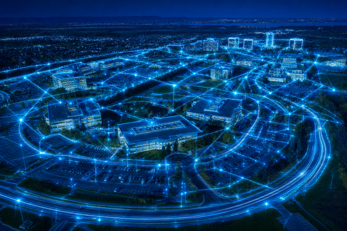 An aerial view of Kanata North, shown with electric blue connectivity lines to represent a smart city.