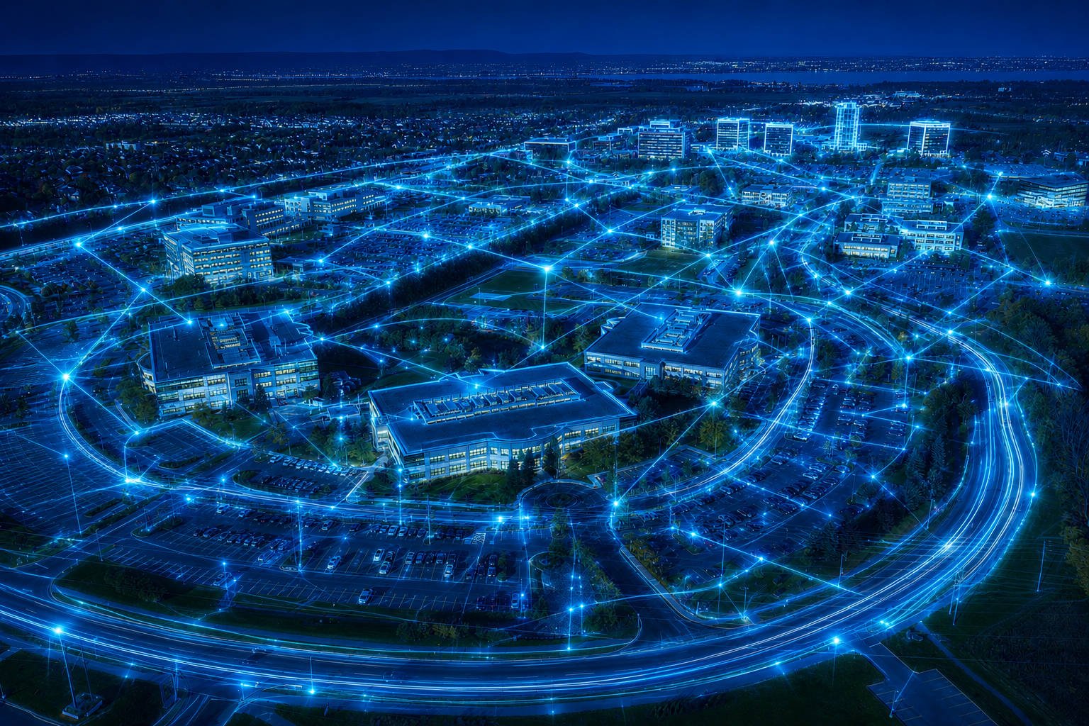 An aerial view of Kanata North, shown with electric blue connectivity lines to represent a smart city.