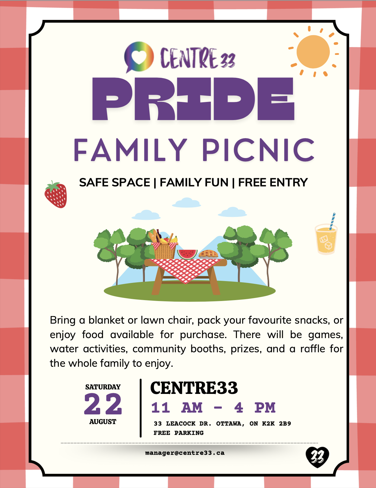 Flyer for the Pride Family Picnic at Centre33 in Kanata North 2026.